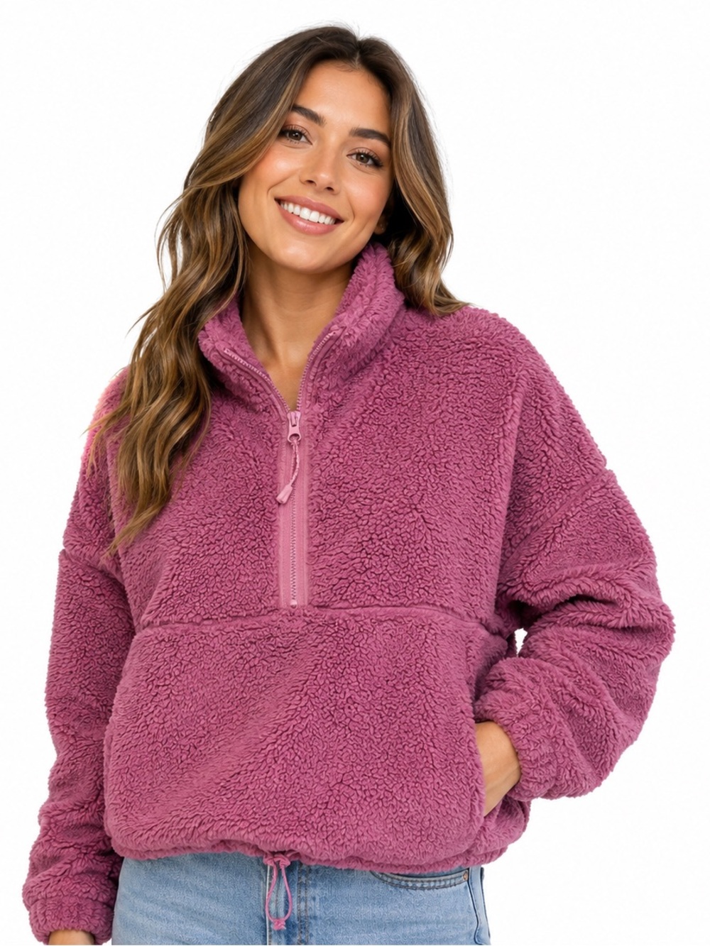 No Boundaries Sherpa Fleece Quarter Zip Pullover Pink Women’s Size L 12-14 Cozy